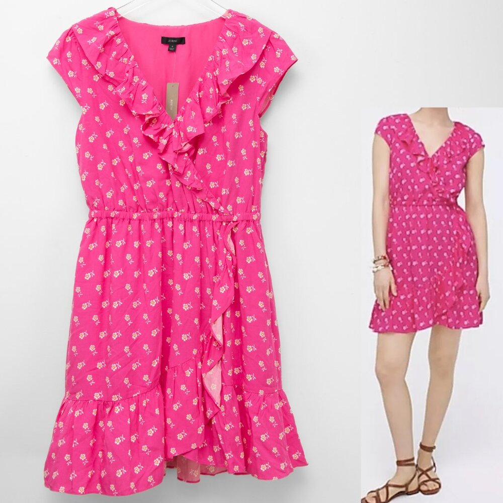 J. Crew V-Neck Dress Floral Print Ruffle Cap Sleeve Mini A-Line Pink Size 4 New
